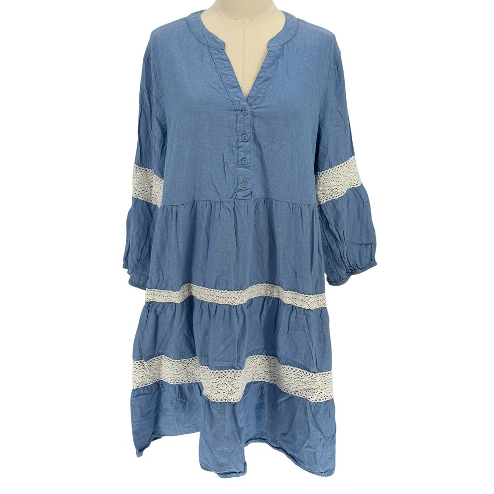 Linda Anderson Dress Blue 100% Cotton Crochet Lace Tiered Chambray L